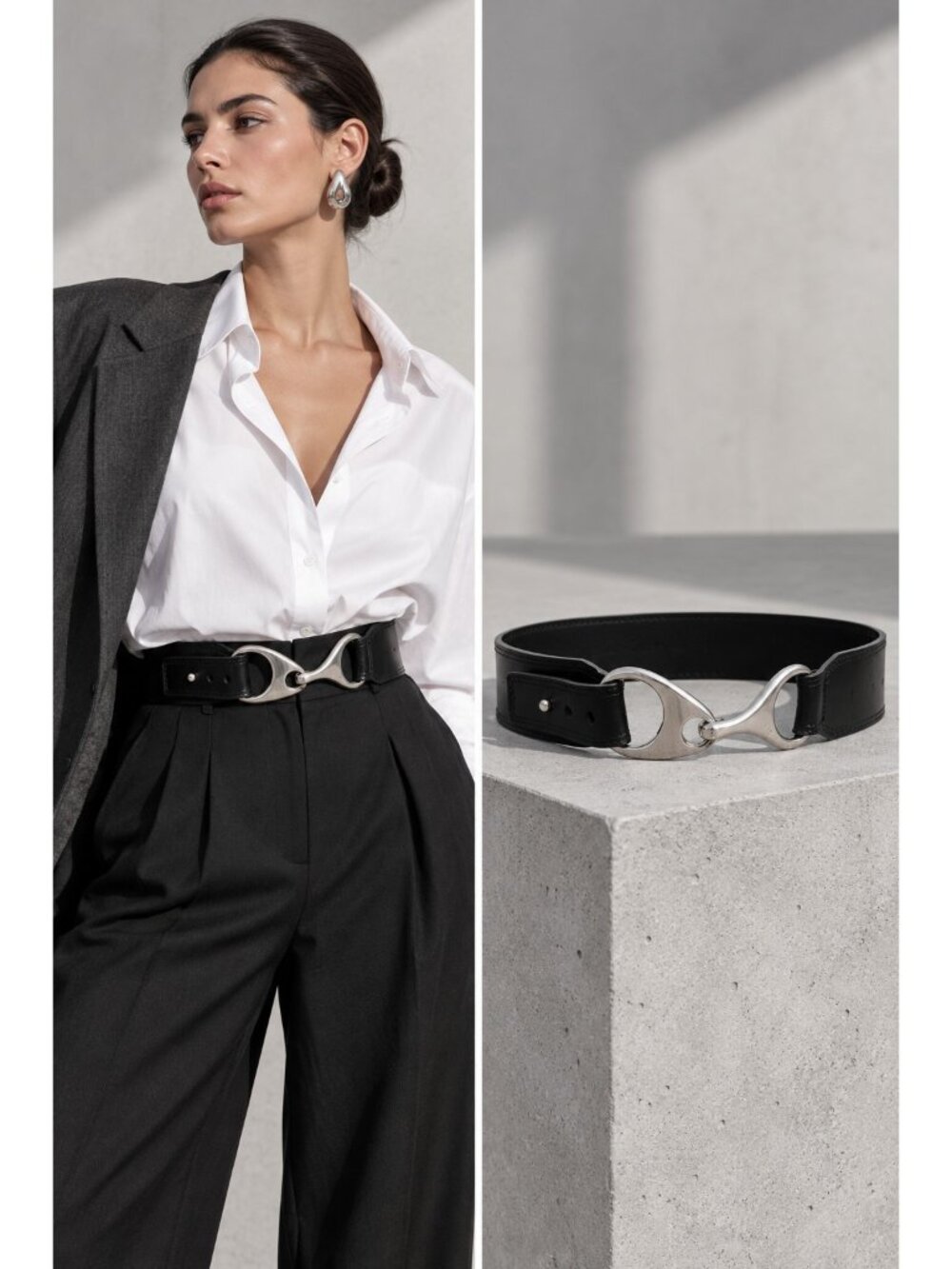 Nine West Black Genuine Leather Wide Belt XL Silver Statement Buckle Y2K